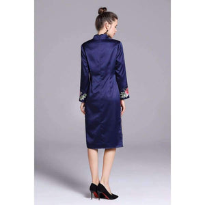 Planet Gates purple / S Quality Brand Chinese Dress for Party Event Women Luxurious Phonix Embroidery Long Sleeve Slim Fit Dress Dark Blue Purple