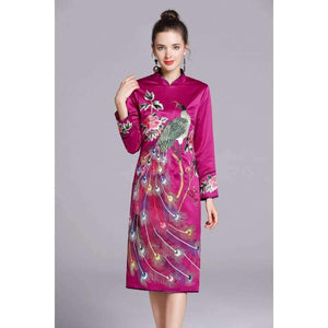 Planet Gates purple / S Quality Brand Chinese Dress for Party Event Women Luxurious Phonix Embroidery Long Sleeve Slim Fit Dress Dark Blue Purple