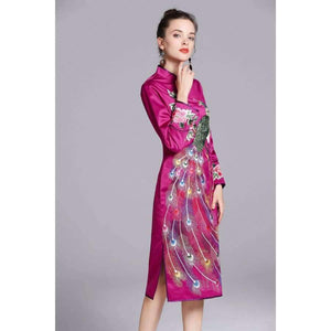 Planet Gates purple / S Quality Brand Chinese Dress for Party Event Women Luxurious Phonix Embroidery Long Sleeve Slim Fit Dress Dark Blue Purple
