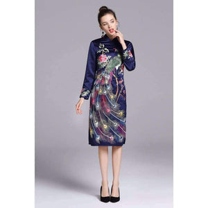 Planet Gates purple / S Quality Brand Chinese Dress for Party Event Women Luxurious Phonix Embroidery Long Sleeve Slim Fit Dress Dark Blue Purple