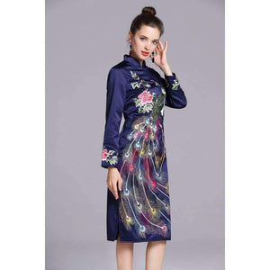 Planet Gates purple / S Quality Brand Chinese Dress for Party Event Women Luxurious Phonix Embroidery Long Sleeve Slim Fit Dress Dark Blue Purple