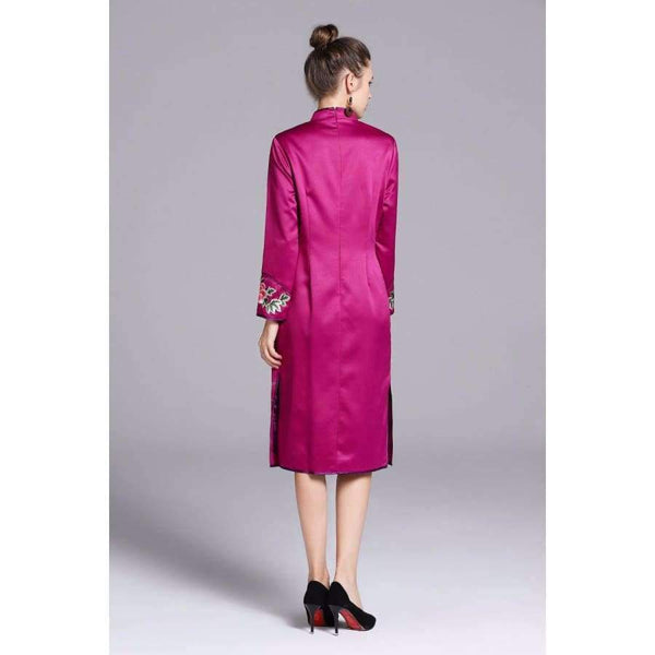 Planet Gates purple / S Quality Brand Chinese Dress for Party Event Women Luxurious Phonix Embroidery Long Sleeve Slim Fit Dress Dark Blue Purple