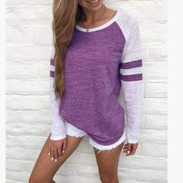 Planet Gates Purple / S Women Striped Splicing Baseball Tshirt 2018 Spring Autumn O Neck Long Sleeve Top Tees All Matched T Shirt Plus Size 5XL