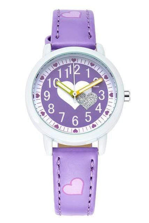 Planet Gates purple watch Love Hearts child Watches Girl Leather Printing Strap Cartoon Kids Watch Students Quartz Wristwatch Casual Fashion