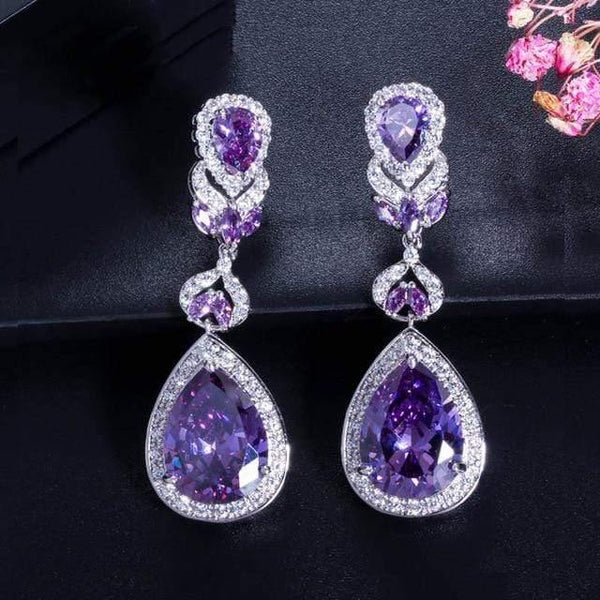 Planet Gates Purple Water Drop Shaped Cubic Zirconia Crystal Bridal Long Earrings Luxury Wedding Jewelry for Brides CZ166