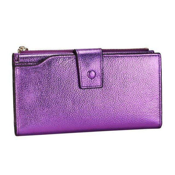 Planet Gates purple Women Genuine Leather RFID Blocking Functional Wallet Vintage Long Glint Card Holder Zipper Coin Purse Iphone Galaxy
