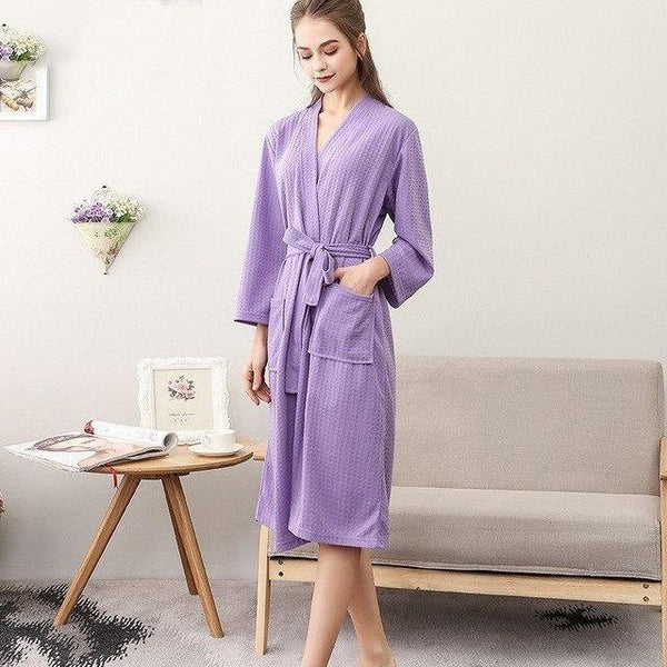 Planet Gates Purple Women / M Unisex Men Women Sleeve Solid Waffle Sleep Lounge Bathrobe Nightgown Lovers Robes