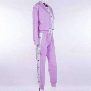 Planet Gates purple women set / L Autumn New Design 2 Piece Set Women Purple 4 Colors Button Hoodies Cut Off Pant Female Casual Sets Winter Fashion