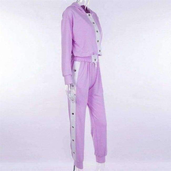 Planet Gates purple women set / L Autumn New Design 2 Piece Set Women Purple 4 Colors Button Hoodies Cut Off Pant Female Casual Sets Winter Fashion