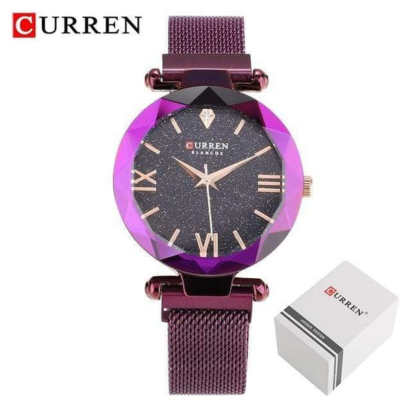 Planet Gates Purple Women Watches Mesh Ladies Clock Magnet Buckle Starry Diamond Geometric Surface Fashion Casual Quartz Wristwatch