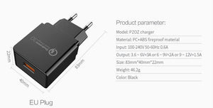 Planet Gates PZOZ Quick Charge 3.0 USB Charger Fast Charger 18W EU Wall usb portable charger Adapter Mobile Phone cable for Samsung Xiaomi