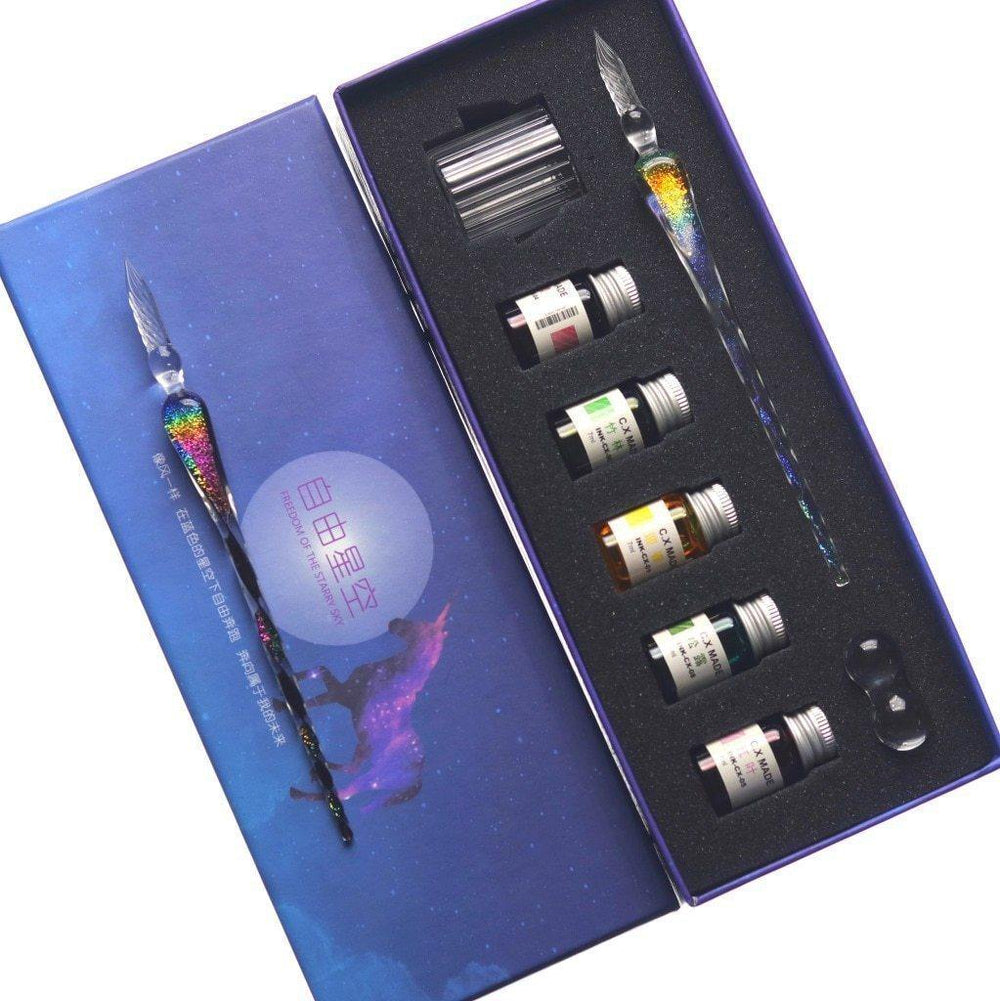 Zestaw upominkowy Planet Gates Q Rainbow Glass Pen z długopisem maczanym w gwieździstym niebie, kolorowym tuszem i kreatywnymi narzędziami do pisania Pluma Estilografica