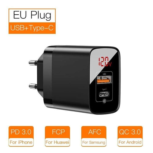 Baseus 18W Dual USB Fast Charger Quick Charge 3.0 USB C PD Charger with Digital Display Double USB Ports Charger For Phone