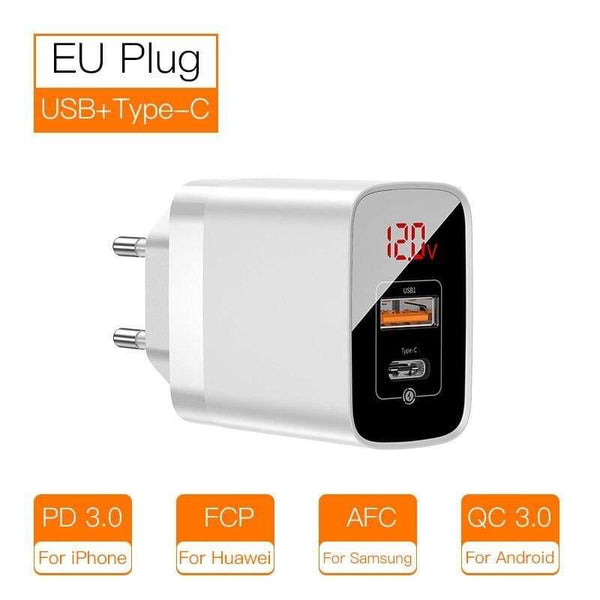Baseus 18W Dual USB Fast Charger Quick Charge 3.0 USB C PD Charger with Digital Display Double USB Ports Charger For Phone