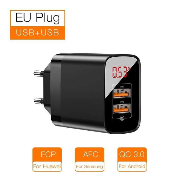Baseus 18W Dual USB Fast Charger Quick Charge 3.0 USB C PD Charger with Digital Display Double USB Ports Charger For Phone