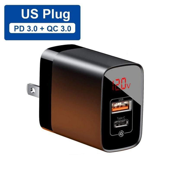 Baseus US Plug 18W Charger USB C PD Fast Charging Wall Charger Quick Charge 3.0 Dual USB Ports Charger with Digital Display