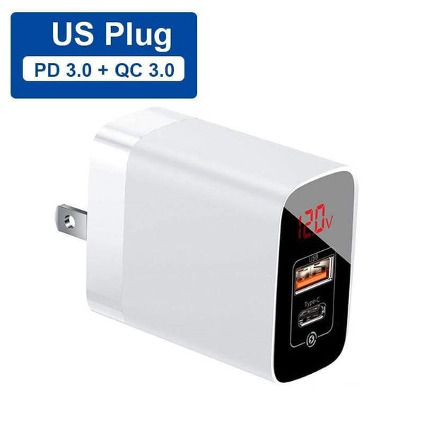 Baseus US Plug 18W Charger USB C PD Fast Charging Wall Charger Quick Charge 3.0 Dual USB Ports Charger with Digital Display