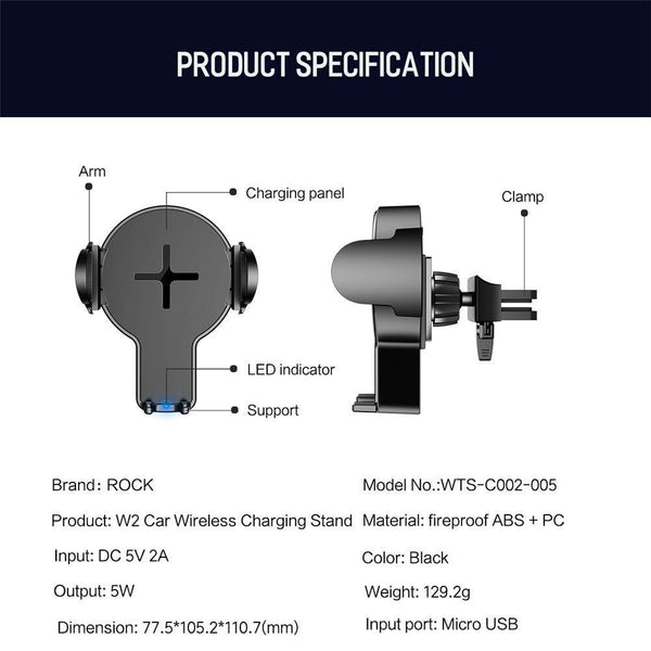 Planet Gates QI Car Wireless Charger Phone Holder, ROCK for iPhone X 8 Samsung Galaxy S8 Note 8 Plus Fast Wireless Charging Pad