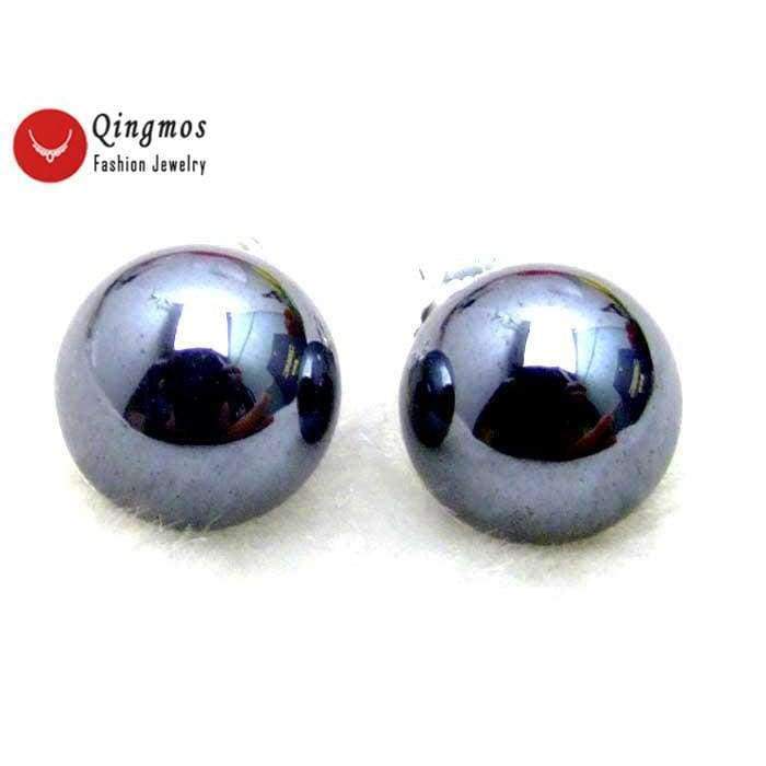 Planet Gates Qingmos 10MM Round Black Natural HEMATITE Stud Earrings for Women with Stering Silver 925 Stud Trendy Earring-e161 Free ship