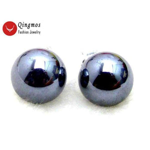 Planet Gates Qingmos 10MM Round Black Natural HEMATITE Stud Earrings for Women with Stering Silver 925 Stud Trendy Earring-e161 Free ship