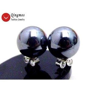 Planet Gates Qingmos 10MM Round Black Natural HEMATITE Stud Earrings for Women with Stering Silver 925 Stud Trendy Earring-e161 Free ship