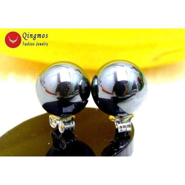 Planet Gates Qingmos 10MM Round Black Natural HEMATITE Stud Earrings for Women with Stering Silver 925 Stud Trendy Earring-e161 Free ship
