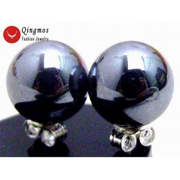 Planet Gates Qingmos 10MM Round Black Natural HEMATITE Stud Earrings for Women with Stering Silver 925 Stud Trendy Earring-e161 Free ship