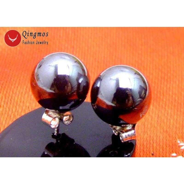Planet Gates Qingmos 10MM Round Black Natural HEMATITE Stud Earrings for Women with Stering Silver 925 Stud Trendy Earring-e161 Free ship