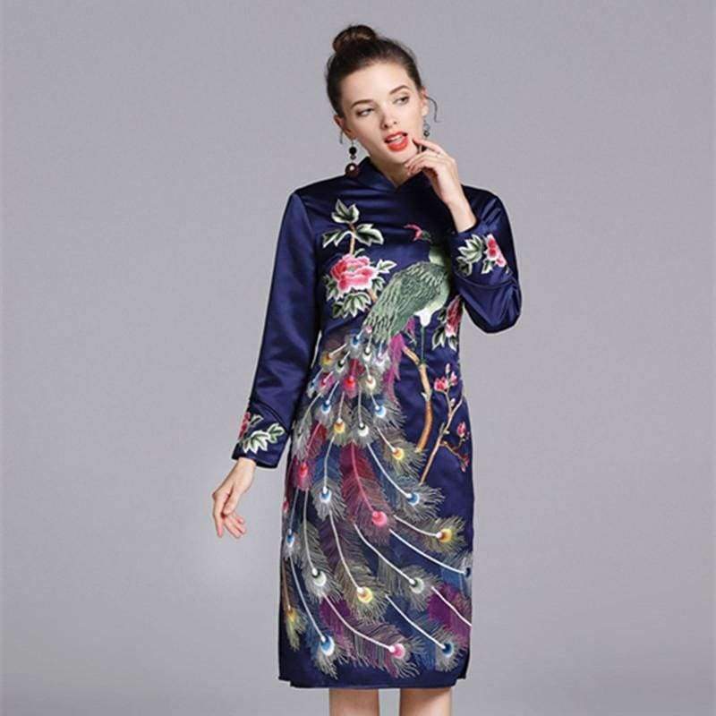 Planet Gates purple / S Quality Brand Chinese Dress for Party Event Women Luxurious Phonix Embroidery Long Sleeve Slim Fit Dress Dark Blue Purple