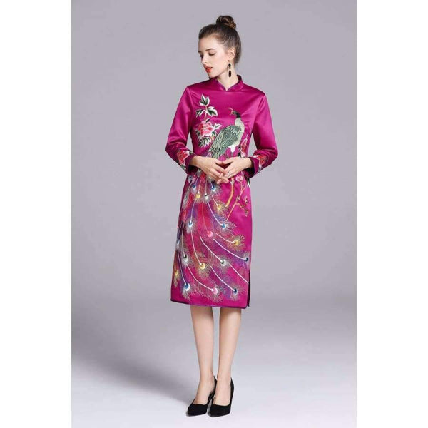 Planet Gates Quality Brand Chinese Dress for Party Event Women Luxurious Phonix Embroidery Long Sleeve Slim Fit Dress Dark Blue Purple