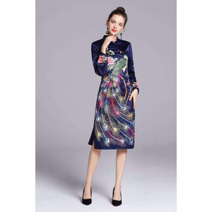 Planet Gates Quality Brand Chinese Dress for Party Event Women Luxurious Phonix Embroidery Long Sleeve Slim Fit Dress Dark Blue Purple