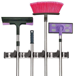 Planet Gates Quality kitchen storage tool holder, 4 position with 5 hooks Wall Mounted Storage organizer, mop and broom storage holders racks