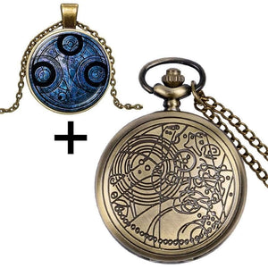 Planet Gates Quartz Pocket Watch with Dr. Who Symbols Glass Dome Pendant Necklace Chain Box DAD Top Gifts Set
