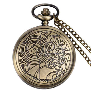 Planet Gates Quartz Pocket Watch with Dr. Who Symbols Glass Dome Pendant Necklace Chain Box DAD Top Gifts Set