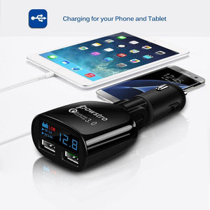 Planet Gates Quick Charge 3.0 Car Charger Dual USB Phone Charger Adapter QC3.0 + 5V 2.4A Digital Display Low Voltage Warning