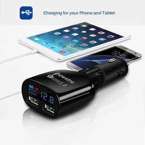 Planet Gates Quick Charge 3.0 Car Charger Dual USB Phone Charger Adapter QC3.0 + 5V 2.4A Digital Display Low Voltage Warning