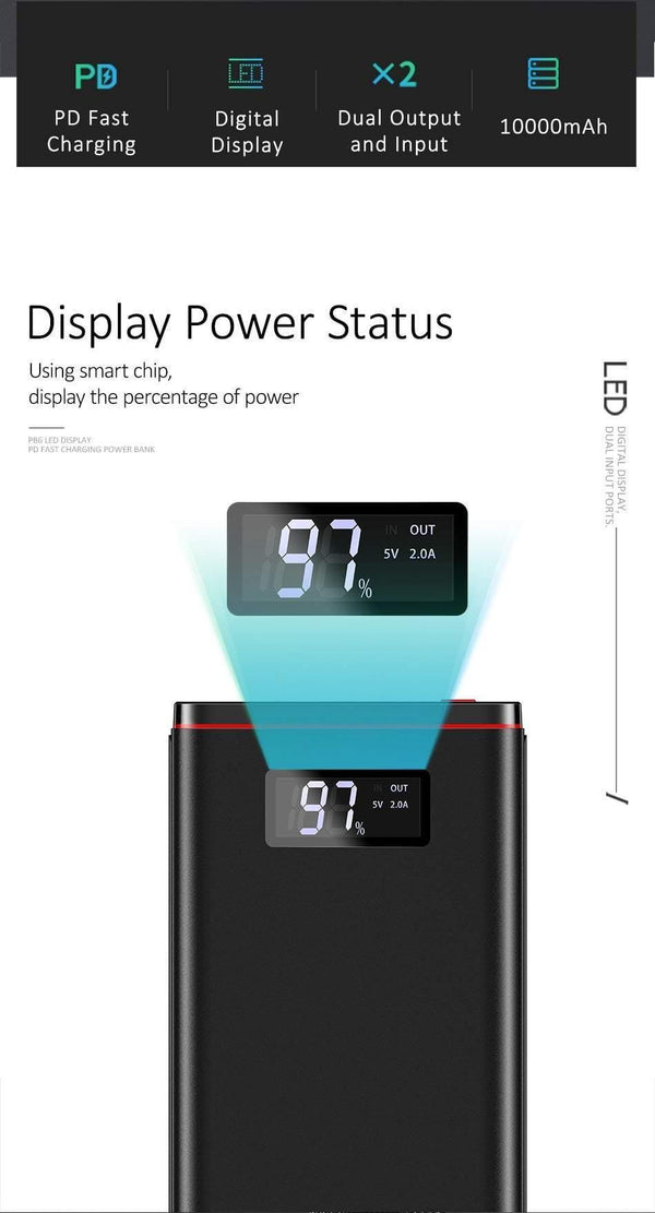 Planet Gates Quick Charger Power Bank PD QC 3.0 18W Digital LED Display 10000mah powerbank USAMS 9V/2A 5V/3A External Battery USB C Poverbank