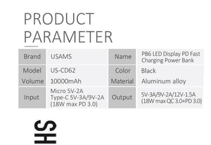 Planet Gates Quick Charger Power Bank PD QC 3.0 18W Digital LED Display 10000mah powerbank USAMS 9V/2A 5V/3A External Battery USB C Poverbank