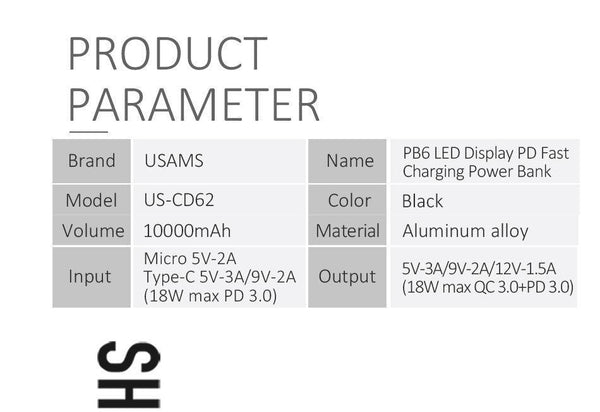 Planet Gates Quick Charger Power Bank PD QC 3.0 18W Digital LED Display 10000mah powerbank USAMS 9V/2A 5V/3A External Battery USB C Poverbank