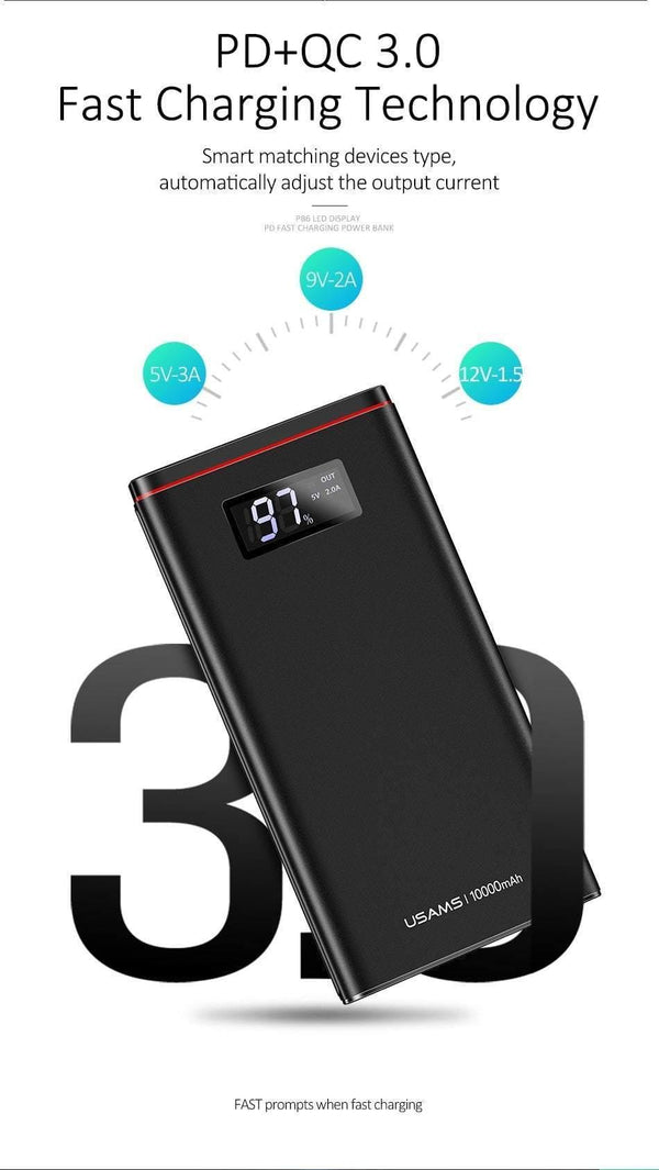 Planet Gates Quick Charger Power Bank PD QC 3.0 18W Digital LED Display 10000mah powerbank USAMS 9V/2A 5V/3A External Battery USB C Poverbank