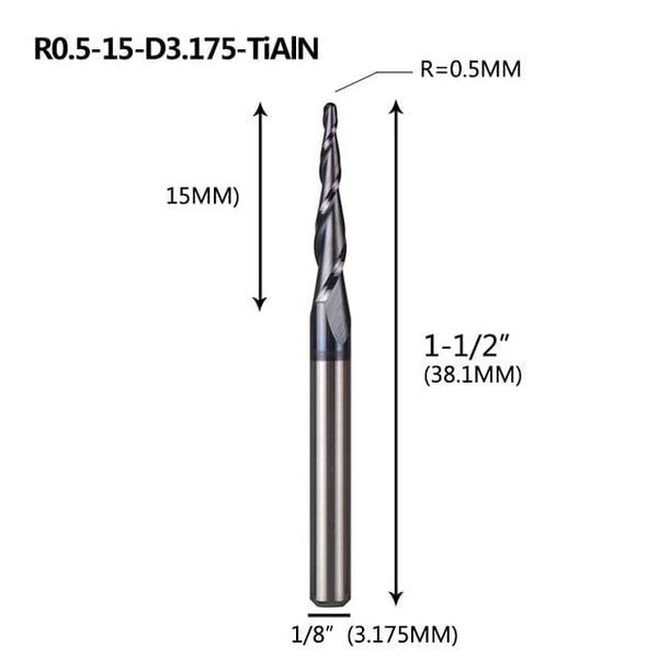 Planet Gates R0.5-15-D3.1-TiAlN Tungsten Solid Carbide End Mill 4mm 6mm 8mm Ball Nose Tapered End Mills Router Bits CNC Taper Wood Metal Milling Cutter