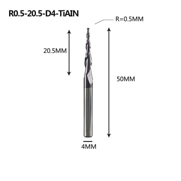 Planet Gates R0.5-20.5-D4-TiAlN Tungsten Solid Carbide End Mill 4mm 6mm 8mm Ball Nose Tapered End Mills Router Bits CNC Taper Wood Metal Milling Cutter