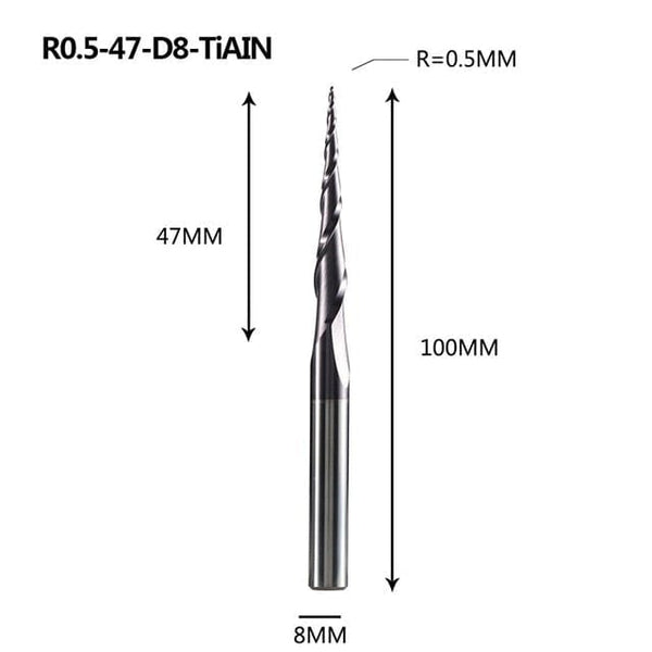 Planet Gates R0.5-47-D8-TiAlN Tungsten Solid Carbide End Mill 4mm 6mm 8mm Ball Nose Tapered End Mills Router Bits CNC Taper Wood Metal Milling Cutter