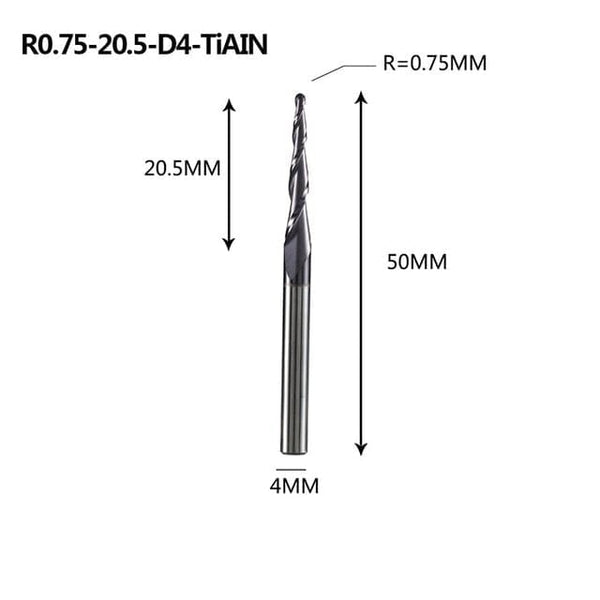 Planet Gates R0.75-20.5-D4-TiAlN Tungsten Solid Carbide End Mill 4mm 6mm 8mm Ball Nose Tapered End Mills Router Bits CNC Taper Wood Metal Milling Cutter