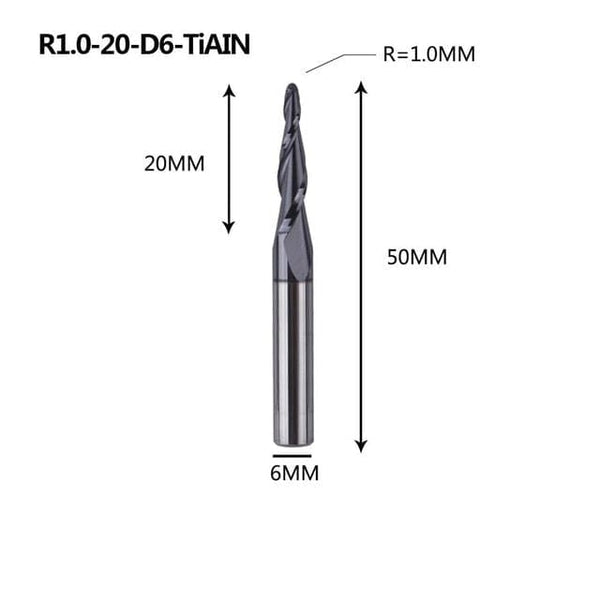 Planet Gates R1.0-20-D6-TiAlN Tungsten Solid Carbide End Mill 4mm 6mm 8mm Ball Nose Tapered End Mills Router Bits CNC Taper Wood Metal Milling Cutter