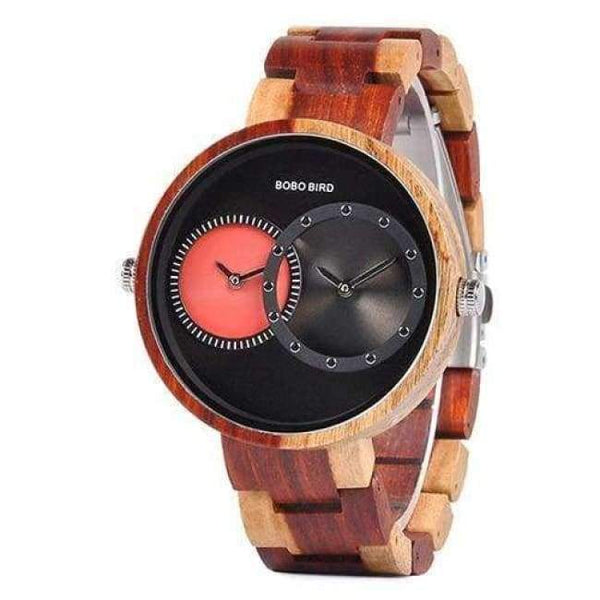 Planet Gates R10-2red / China BOBO BIRD Luxury Lover's Wood Watch Men Two Time Zone Display with Special Color New Design Quartz Watches erkek kol saati C-R10