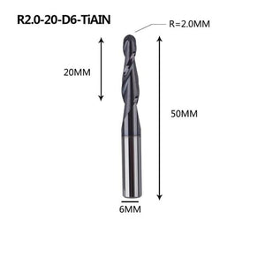Planet Gates R2.0-20-D6-TiAlN Tungsten Solid Carbide End Mill 4mm 6mm 8mm Ball Nose Tapered End Mills Router Bits CNC Taper Wood Metal Milling Cutter