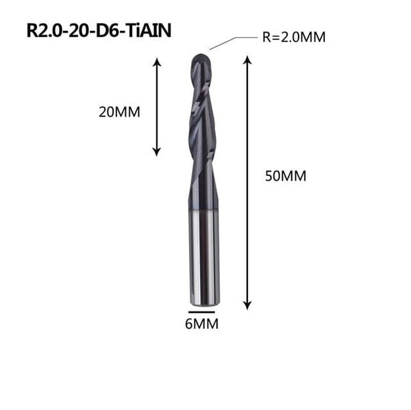 Planet Gates R2.0-20-D6-TiAlN Tungsten Solid Carbide End Mill 4mm 6mm 8mm Ball Nose Tapered End Mills Router Bits CNC Taper Wood Metal Milling Cutter