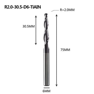 Planet Gates R2.0-30.5-D6-TiAlN Tungsten Solid Carbide End Mill 4mm 6mm 8mm Ball Nose Tapered End Mills Router Bits CNC Taper Wood Metal Milling Cutter