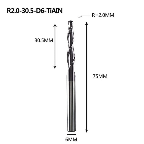 Planet Gates R2.0-30.5-D6-TiAlN Tungsten Solid Carbide End Mill 4mm 6mm 8mm Ball Nose Tapered End Mills Router Bits CNC Taper Wood Metal Milling Cutter